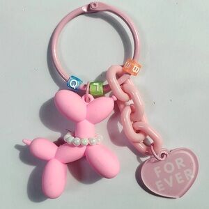 Pink Balloon Dog Keychain with Heart Charm